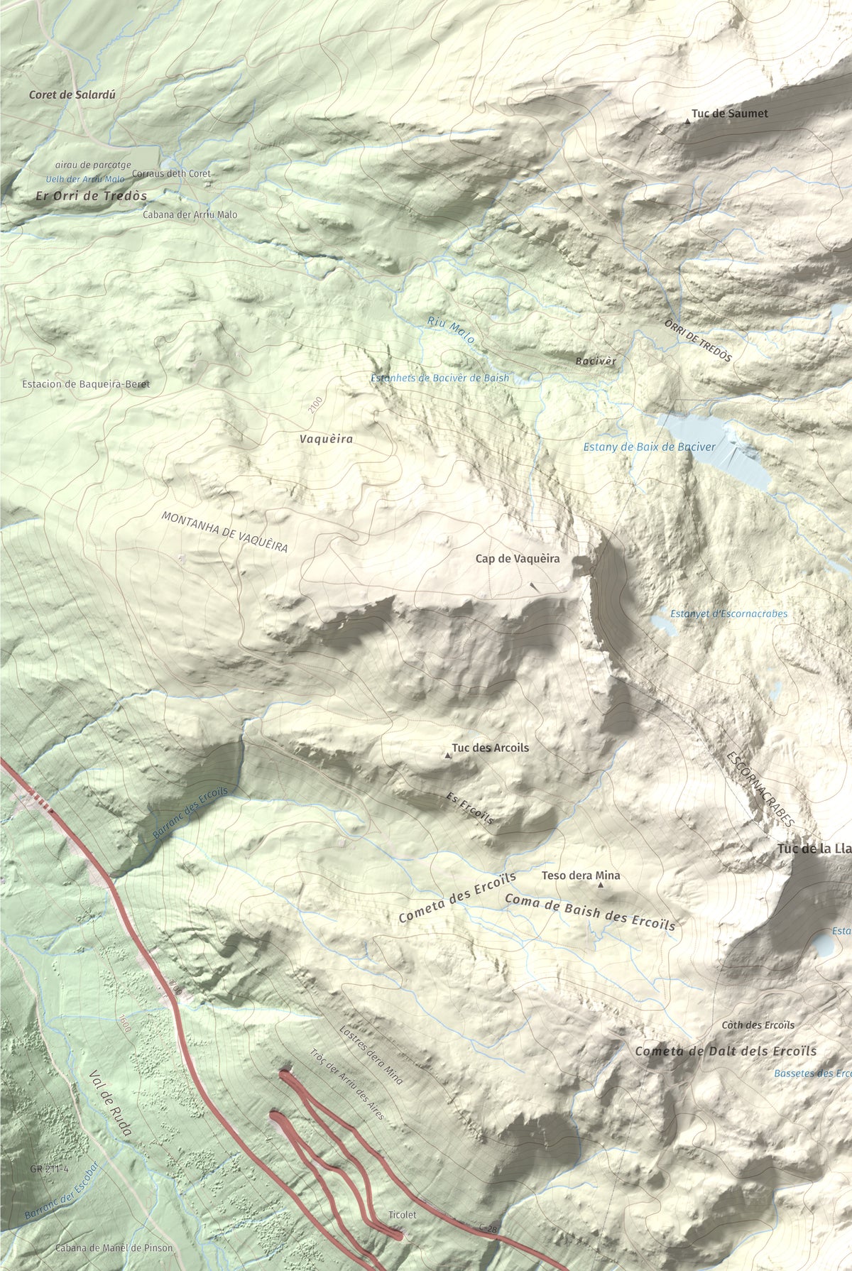 Mapa de relieve de Tuc de Bacivèr, 2645 m, Val d'Aran, lámina 100 Cims de Trobart. Detalle de la zona inferior izquierda. 61 × 91 cm.