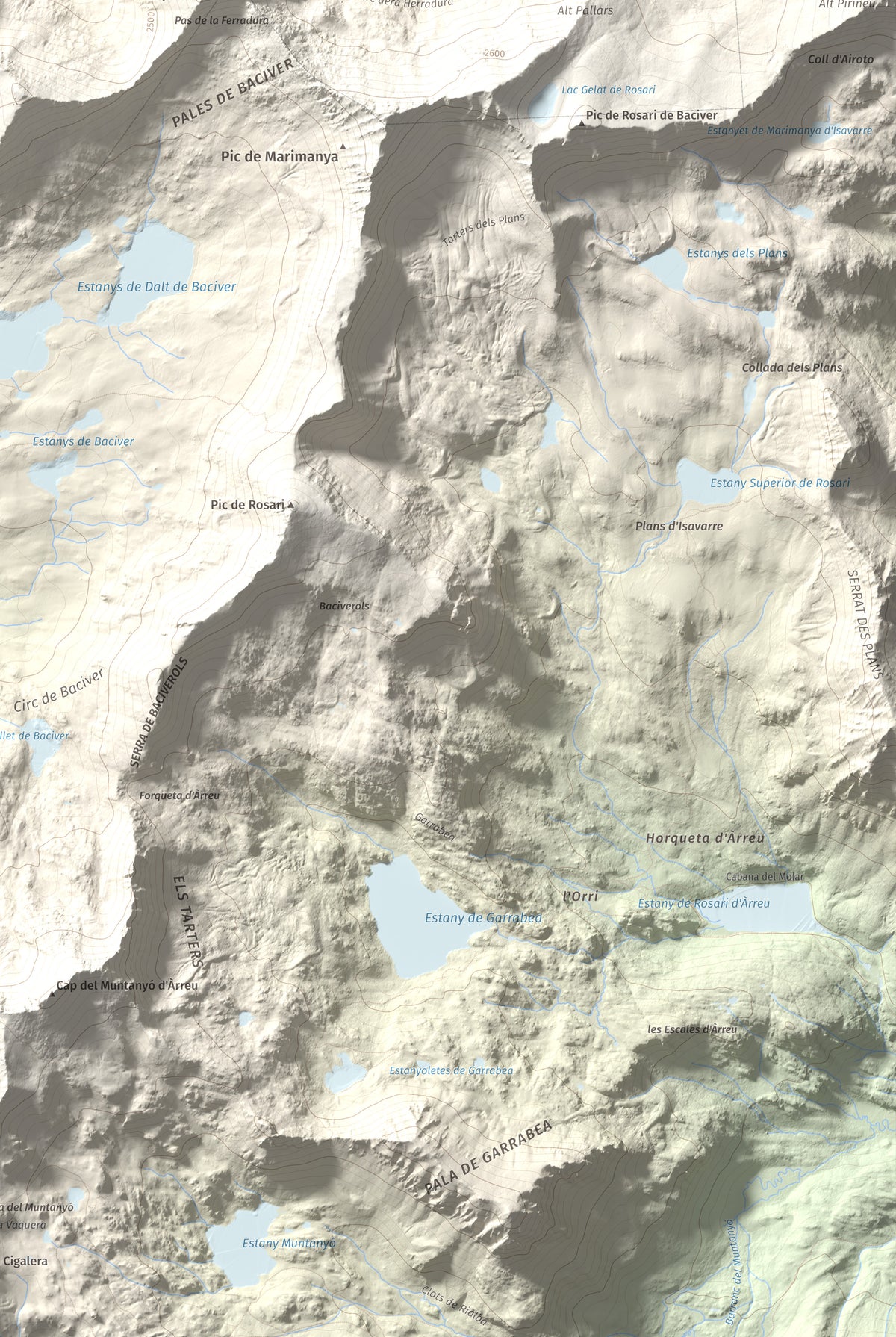 Mapa de relieve de Tuc de Bacivèr, 2645 m, Val d'Aran, lámina 100 Cims de Trobart. Detalle de la zona inferior derecha. 61 × 91 cm.