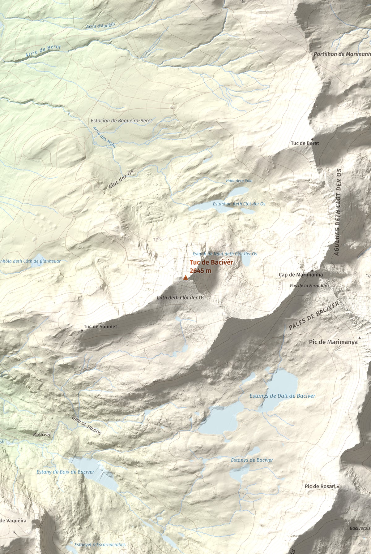 Mapa de relieve de Tuc de Bacivèr, 2645 m, Val d'Aran, lámina 100 Cims de Trobart. Detalle de la zona central. 61 × 91 cm.