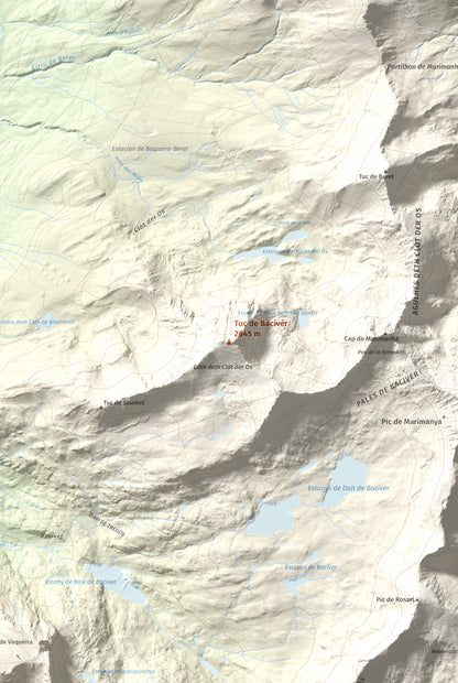 Mapa de relieve de Tuc de Bacivèr, 2645 m, Val d'Aran, lámina 100 Cims de Trobart. Detalle de la zona central. 61 × 91 cm.