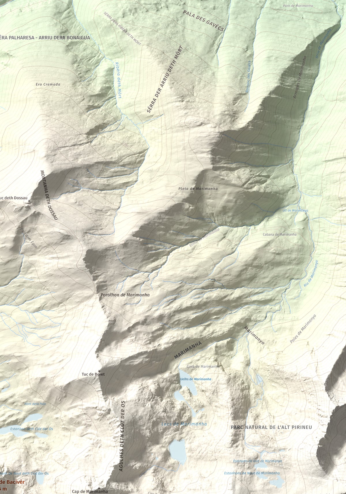 Mapa de relieve de Tuc de Bacivèr, 2645 m, Val d'Aran, lámina 100 Cims de Trobart. Detalle de la zona superior derecha. 70 × 100 cm.
