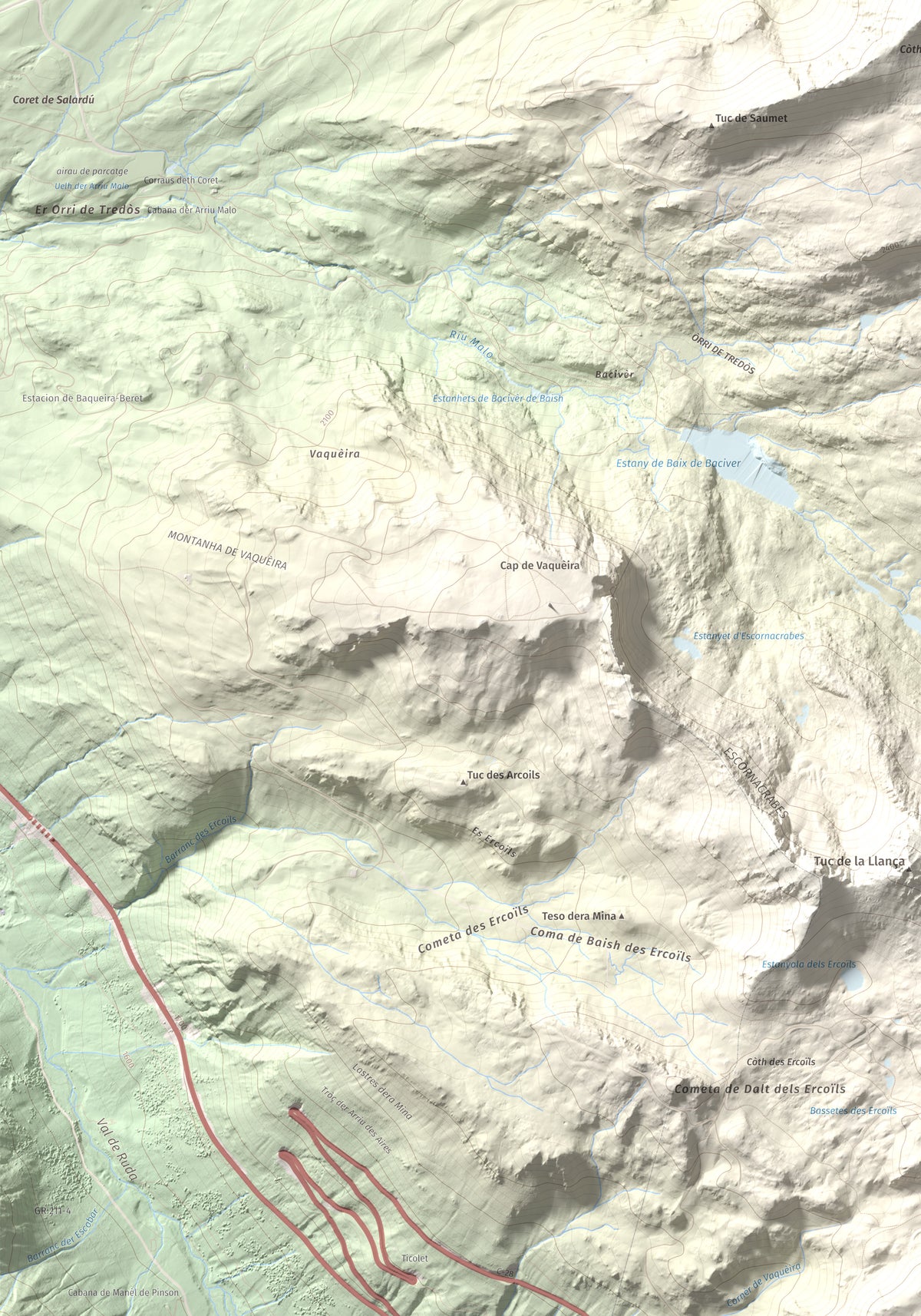 Mapa de relieve de Tuc de Bacivèr, 2645 m, Val d'Aran, lámina 100 Cims de Trobart. Detalle de la zona inferior izquierda. 70 × 100 cm.
