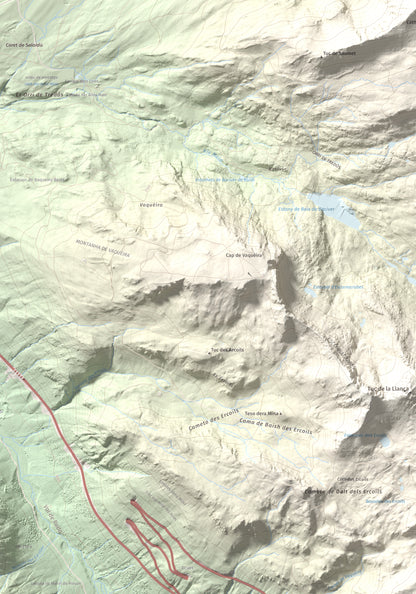 Mapa de relieve de Tuc de Bacivèr, 2645 m, Val d'Aran, lámina 100 Cims de Trobart. Detalle de la zona inferior izquierda. 70 × 100 cm.