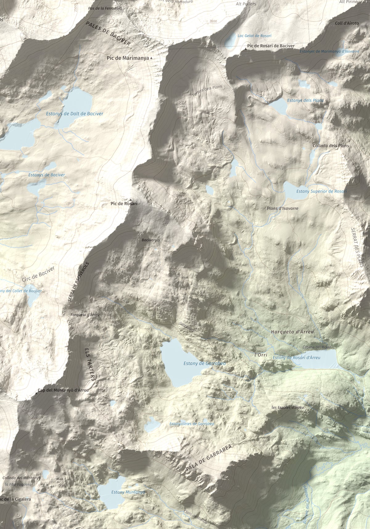 Mapa de relieve de Tuc de Bacivèr, 2645 m, Val d'Aran, lámina 100 Cims de Trobart. Detalle de la zona inferior derecha. 70 × 100 cm.