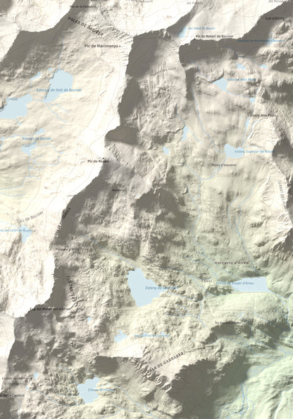 Mapa de relieve de Tuc de Bacivèr, 2645 m, Val d'Aran, lámina 100 Cims de Trobart. Detalle de la zona inferior derecha. 70 × 100 cm.