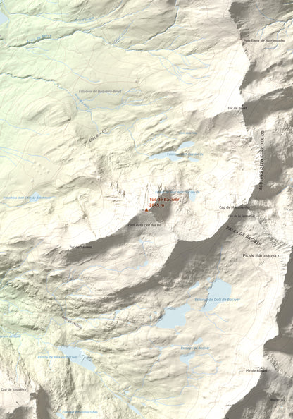 Mapa de relieve de Tuc de Bacivèr, 2645 m, Val d'Aran, lámina 100 Cims de Trobart. Detalle de la zona central. 70 × 100 cm.