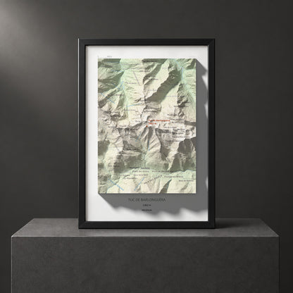 Mapa de relieve de Tuc de Barlonguèra, 2802 m, Val d'Aran, lámina 100 Cims de Trobart. Presentación enmarcada. 21 × 30 cm.