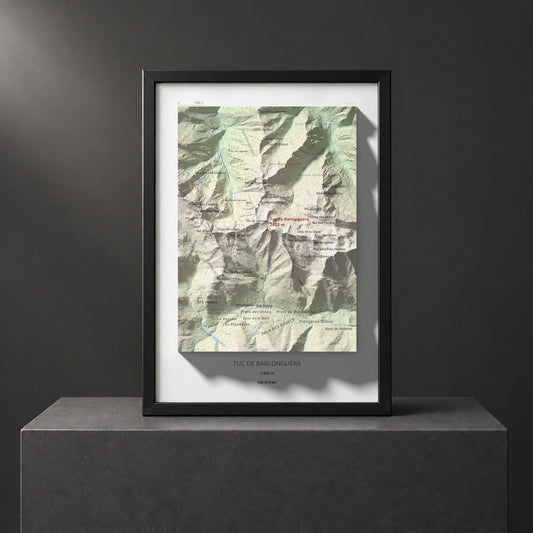 Mapa de relieve de Tuc de Barlonguèra, 2802 m, Val d'Aran, lámina 100 Cims de Trobart. Presentación enmarcada. 21 × 30 cm.