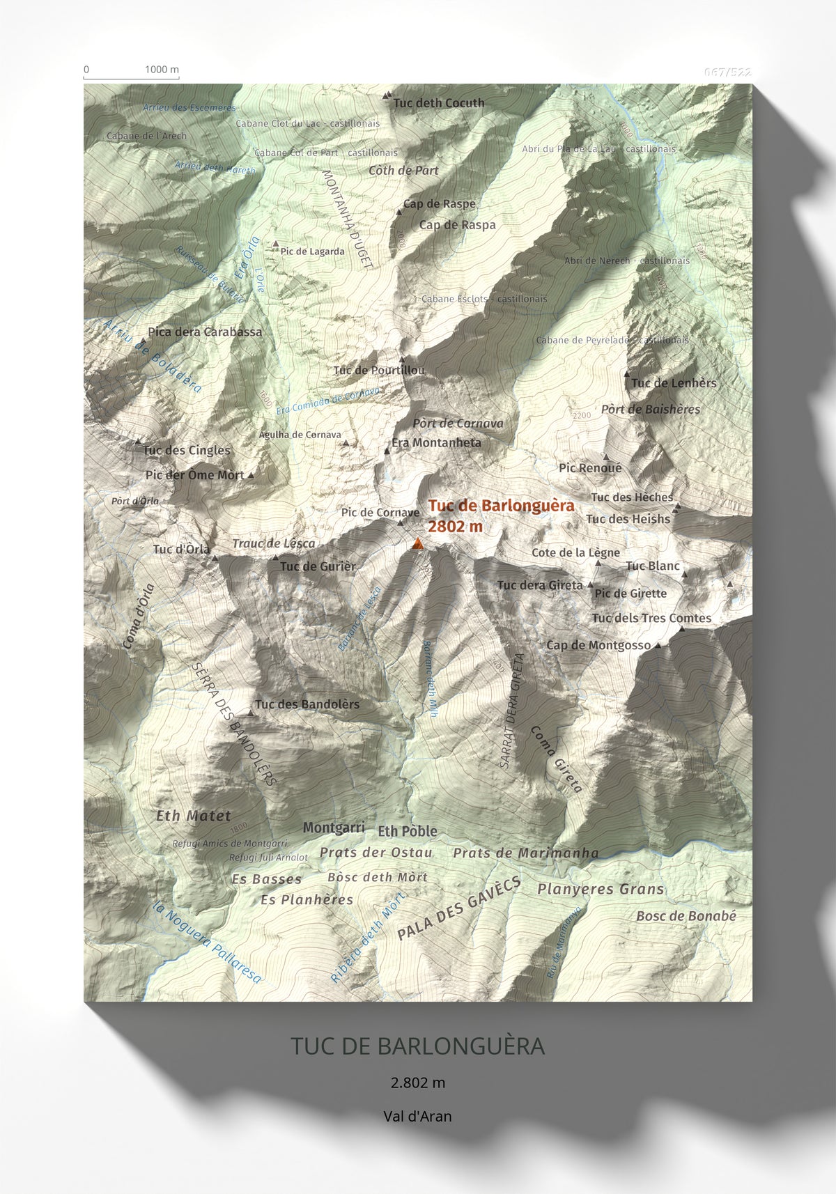 Mapa de relieve de Tuc de Barlonguèra, 2802 m, Val d'Aran, lámina 100 Cims de Trobart 21 × 30 cm.
