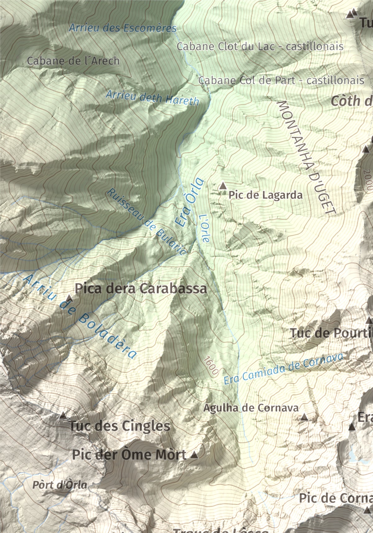 Mapa de relieve de Tuc de Barlonguèra, 2802 m, Val d'Aran, lámina 100 Cims de Trobart. Detalle de la zona superior izquierda. 21 × 30 cm.