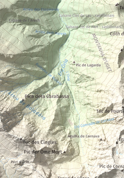 Mapa de relieve de Tuc de Barlonguèra, 2802 m, Val d'Aran, lámina 100 Cims de Trobart. Detalle de la zona superior izquierda. 21 × 30 cm.