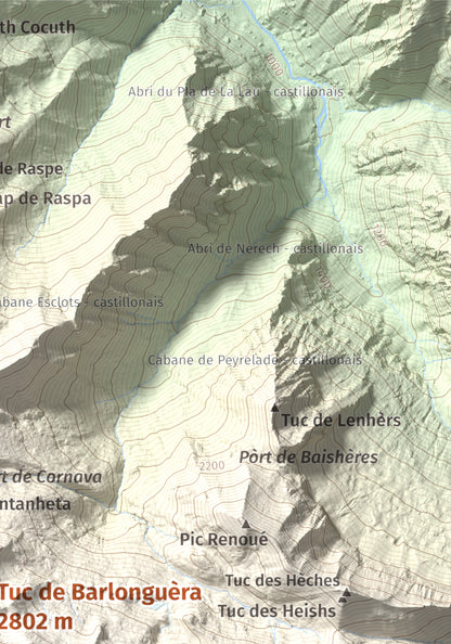 Mapa de relieve de Tuc de Barlonguèra, 2802 m, Val d'Aran, lámina 100 Cims de Trobart. Detalle de la zona superior derecha. 21 × 30 cm.