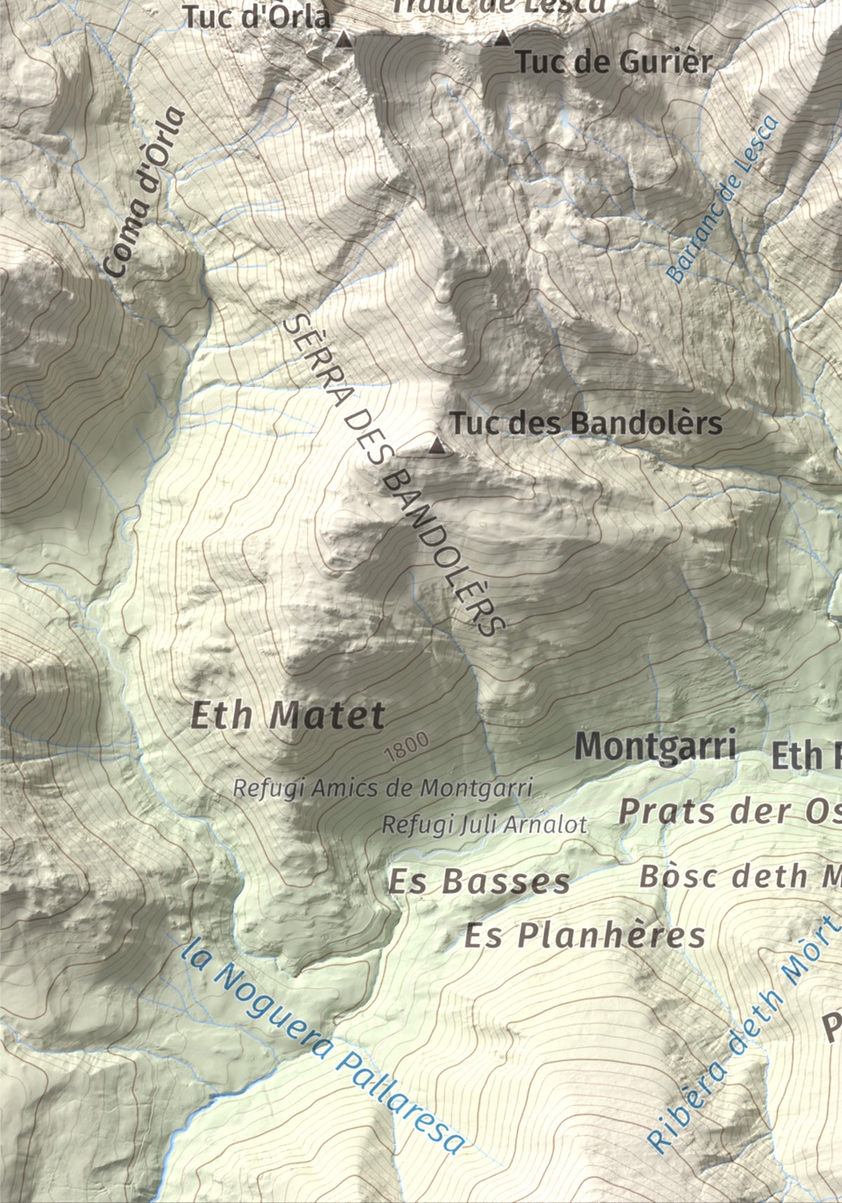 Mapa de relieve de Tuc de Barlonguèra, 2802 m, Val d'Aran, lámina 100 Cims de Trobart. Detalle de la zona inferior izquierda. 21 × 30 cm.