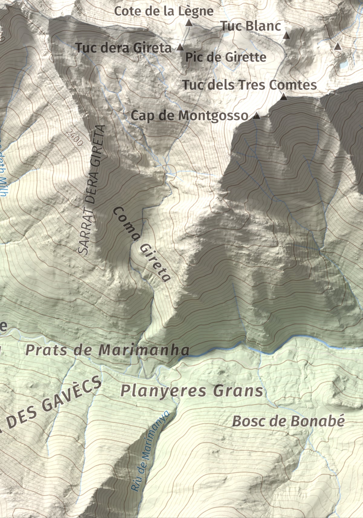 Mapa de relieve de Tuc de Barlonguèra, 2802 m, Val d'Aran, lámina 100 Cims de Trobart. Detalle de la zona inferior derecha. 21 × 30 cm.