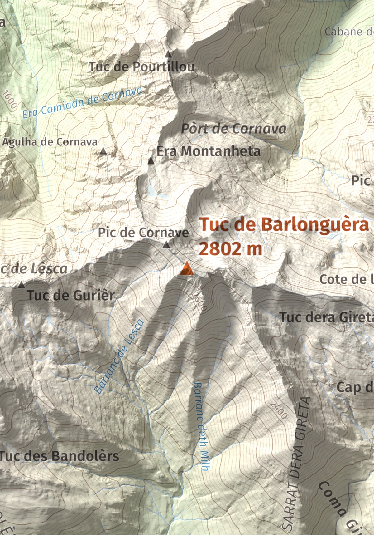 Mapa de relieve de Tuc de Barlonguèra, 2802 m, Val d'Aran, lámina 100 Cims de Trobart. Detalle de la zona central. 21 × 30 cm.