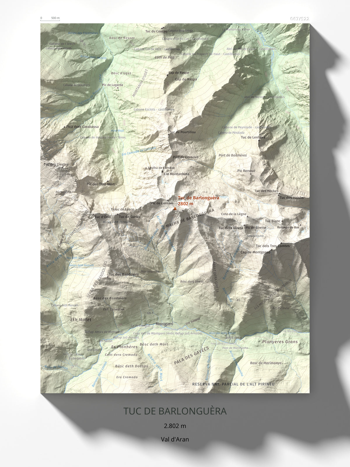 Mapa de relieve de Tuc de Barlonguèra, 2802 m, Val d'Aran, lámina 100 Cims de Trobart 30 × 40 cm.