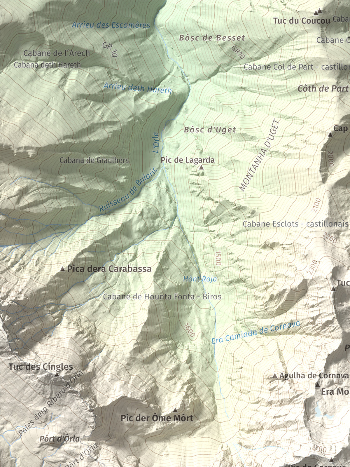 Mapa de relieve de Tuc de Barlonguèra, 2802 m, Val d'Aran, lámina 100 Cims de Trobart. Detalle de la zona superior izquierda. 30 × 40 cm.