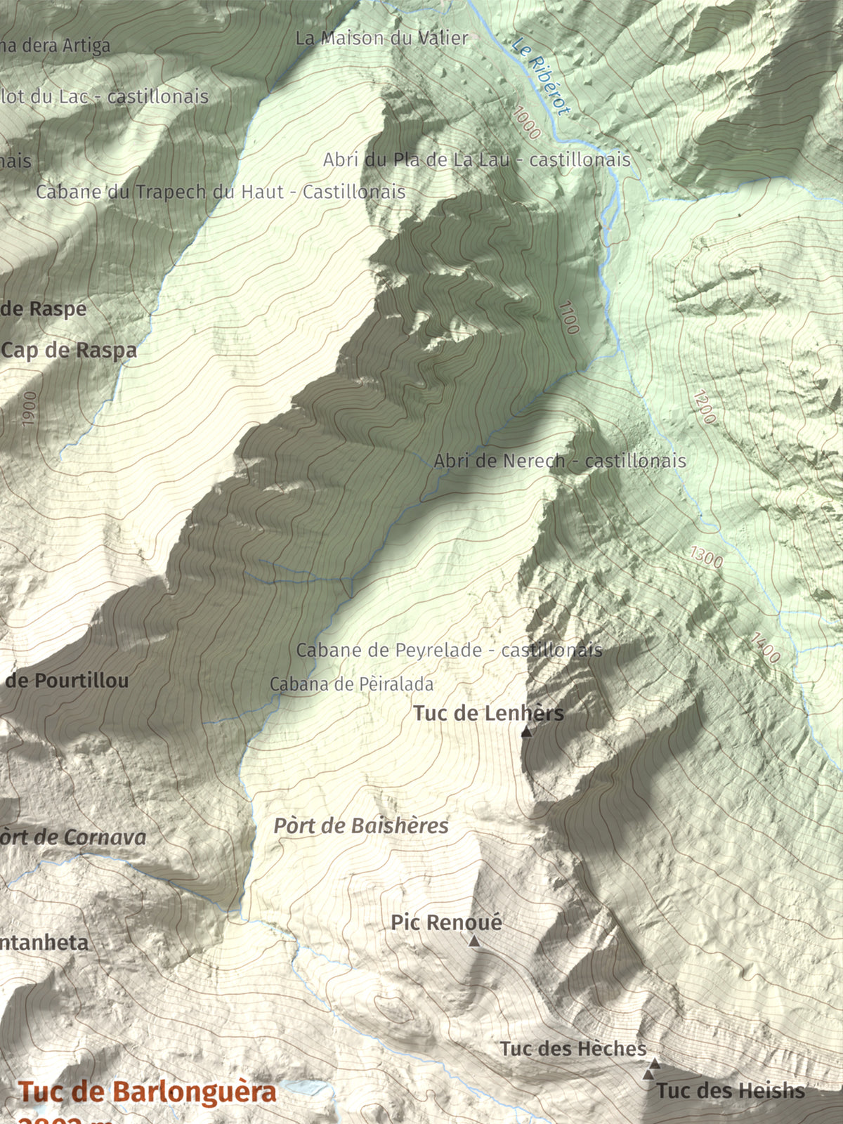 Mapa de relieve de Tuc de Barlonguèra, 2802 m, Val d'Aran, lámina 100 Cims de Trobart. Detalle de la zona superior derecha. 30 × 40 cm.
