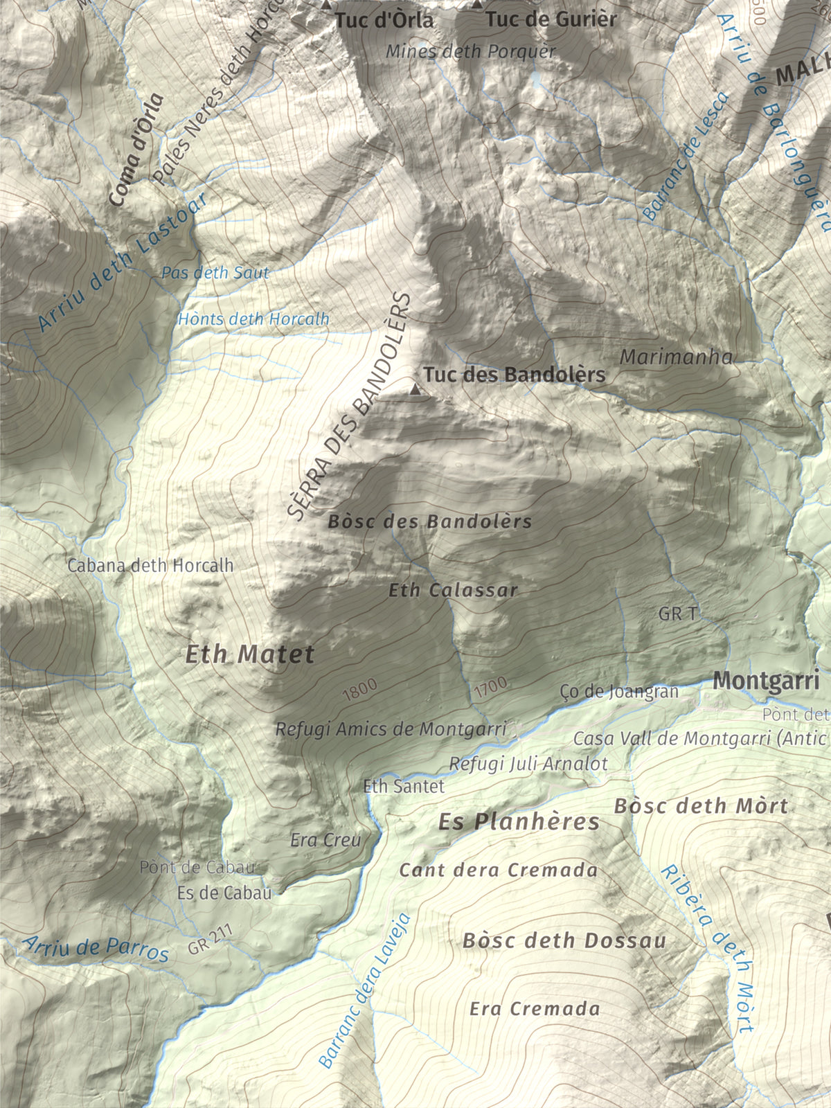 Mapa de relieve de Tuc de Barlonguèra, 2802 m, Val d'Aran, lámina 100 Cims de Trobart. Detalle de la zona inferior izquierda. 30 × 40 cm.