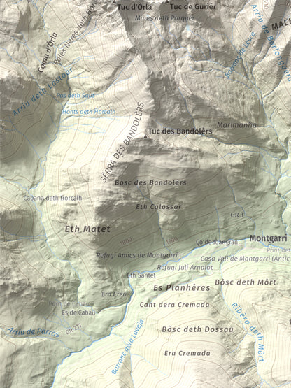 Mapa de relieve de Tuc de Barlonguèra, 2802 m, Val d'Aran, lámina 100 Cims de Trobart. Detalle de la zona inferior izquierda. 30 × 40 cm.