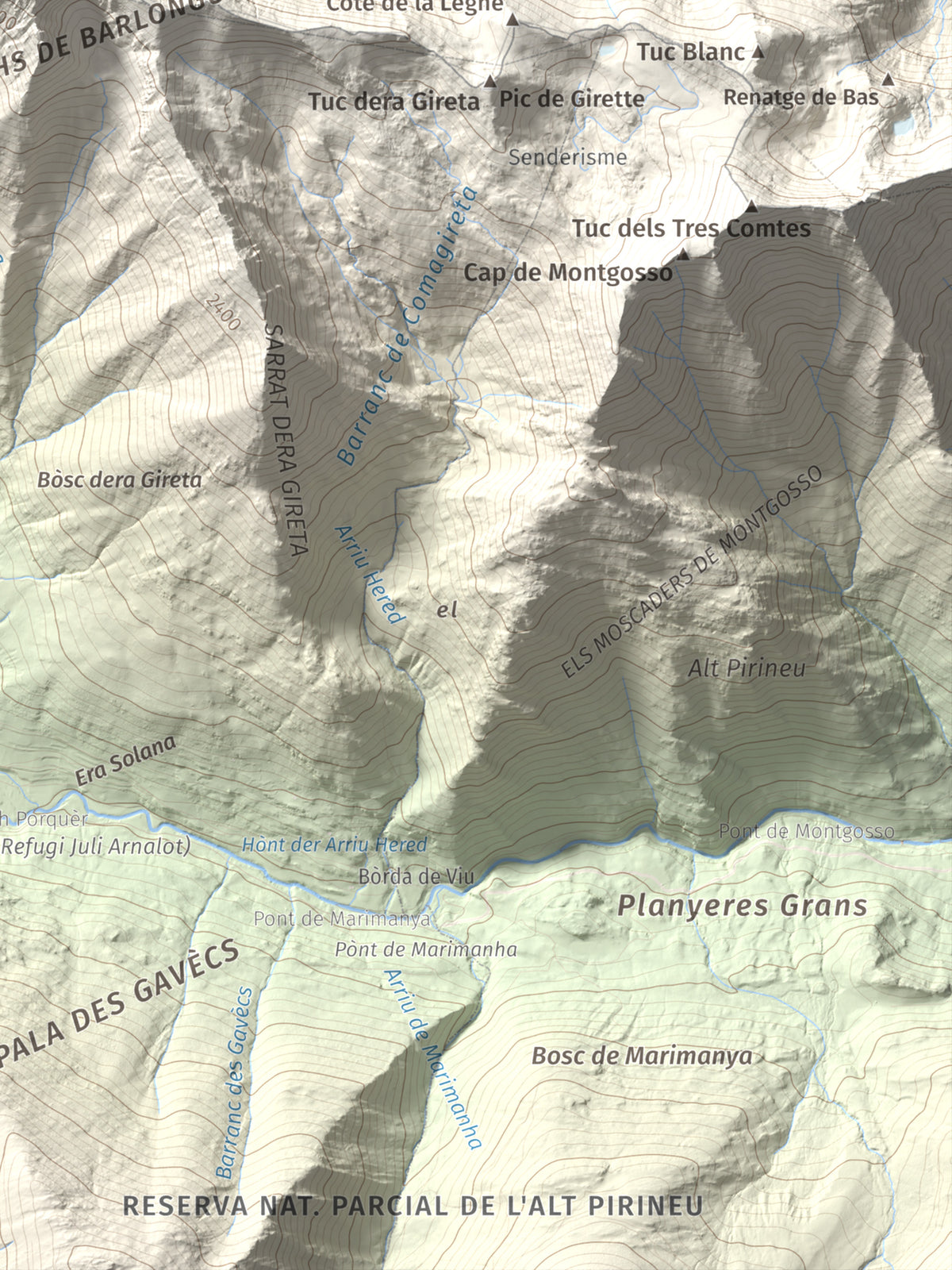 Mapa de relieve de Tuc de Barlonguèra, 2802 m, Val d'Aran, lámina 100 Cims de Trobart. Detalle de la zona inferior derecha. 30 × 40 cm.