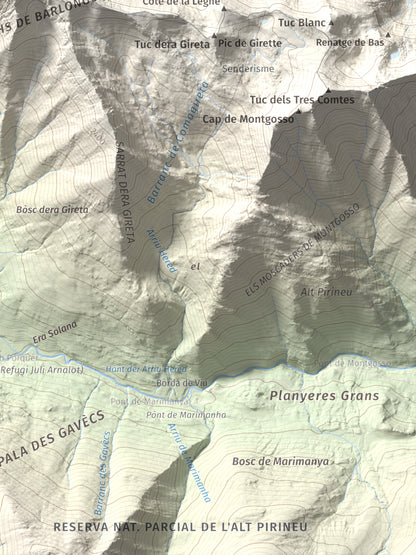 Mapa de relieve de Tuc de Barlonguèra, 2802 m, Val d'Aran, lámina 100 Cims de Trobart. Detalle de la zona inferior derecha. 30 × 40 cm.