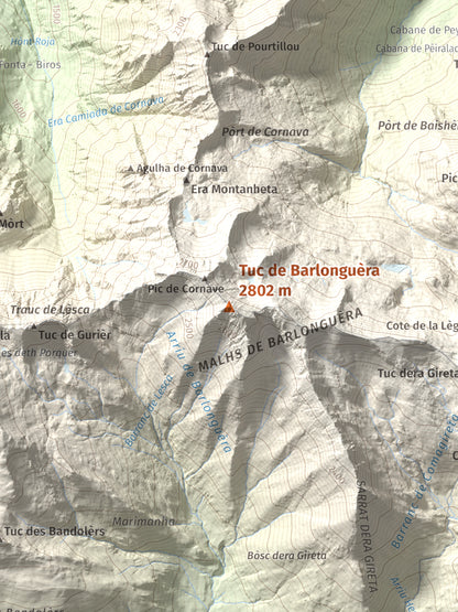 Mapa de relieve de Tuc de Barlonguèra, 2802 m, Val d'Aran, lámina 100 Cims de Trobart. Detalle de la zona central. 30 × 40 cm.