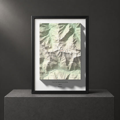Mapa de relieve de Tuc de Barlonguèra, 2802 m, Val d'Aran, lámina 100 Cims de Trobart. Presentación enmarcada. 50 × 70 cm.