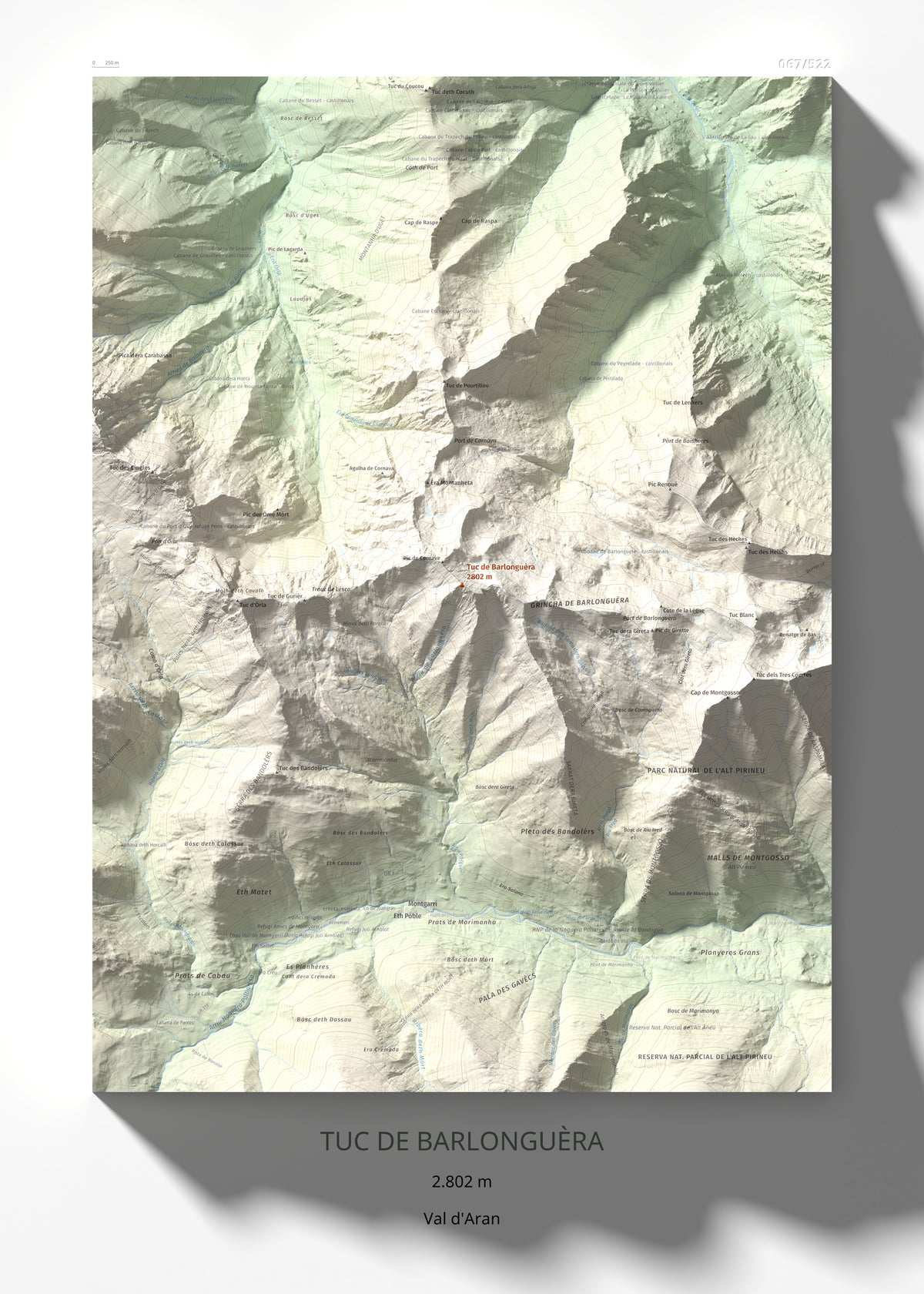 Mapa de relieve de Tuc de Barlonguèra, 2802 m, Val d'Aran, lámina 100 Cims de Trobart 50 × 70 cm.