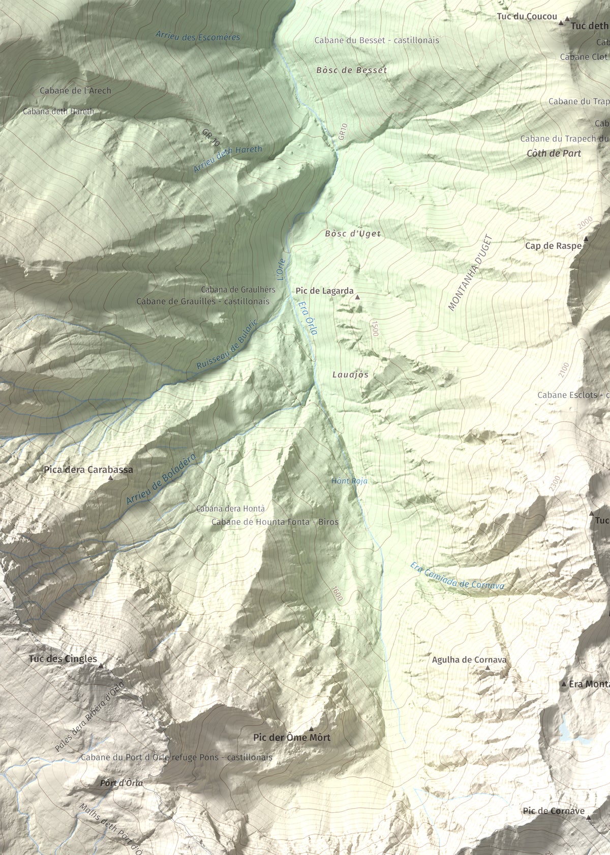 Mapa de relieve de Tuc de Barlonguèra, 2802 m, Val d'Aran, lámina 100 Cims de Trobart. Detalle de la zona superior izquierda. 50 × 70 cm.