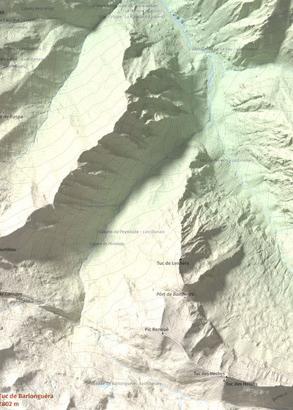 Mapa de relieve de Tuc de Barlonguèra, 2802 m, Val d'Aran, lámina 100 Cims de Trobart. Detalle de la zona superior derecha. 50 × 70 cm.