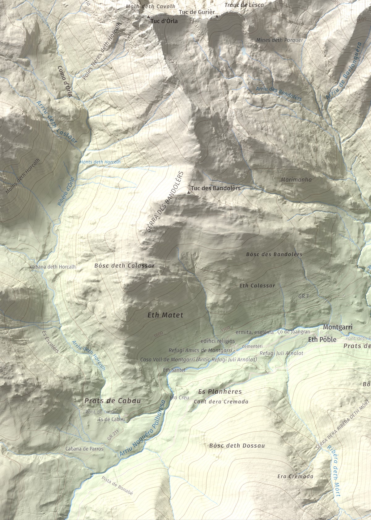 Mapa de relieve de Tuc de Barlonguèra, 2802 m, Val d'Aran, lámina 100 Cims de Trobart. Detalle de la zona inferior izquierda. 50 × 70 cm.