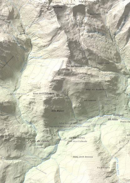 Mapa de relieve de Tuc de Barlonguèra, 2802 m, Val d'Aran, lámina 100 Cims de Trobart. Detalle de la zona inferior izquierda. 50 × 70 cm.