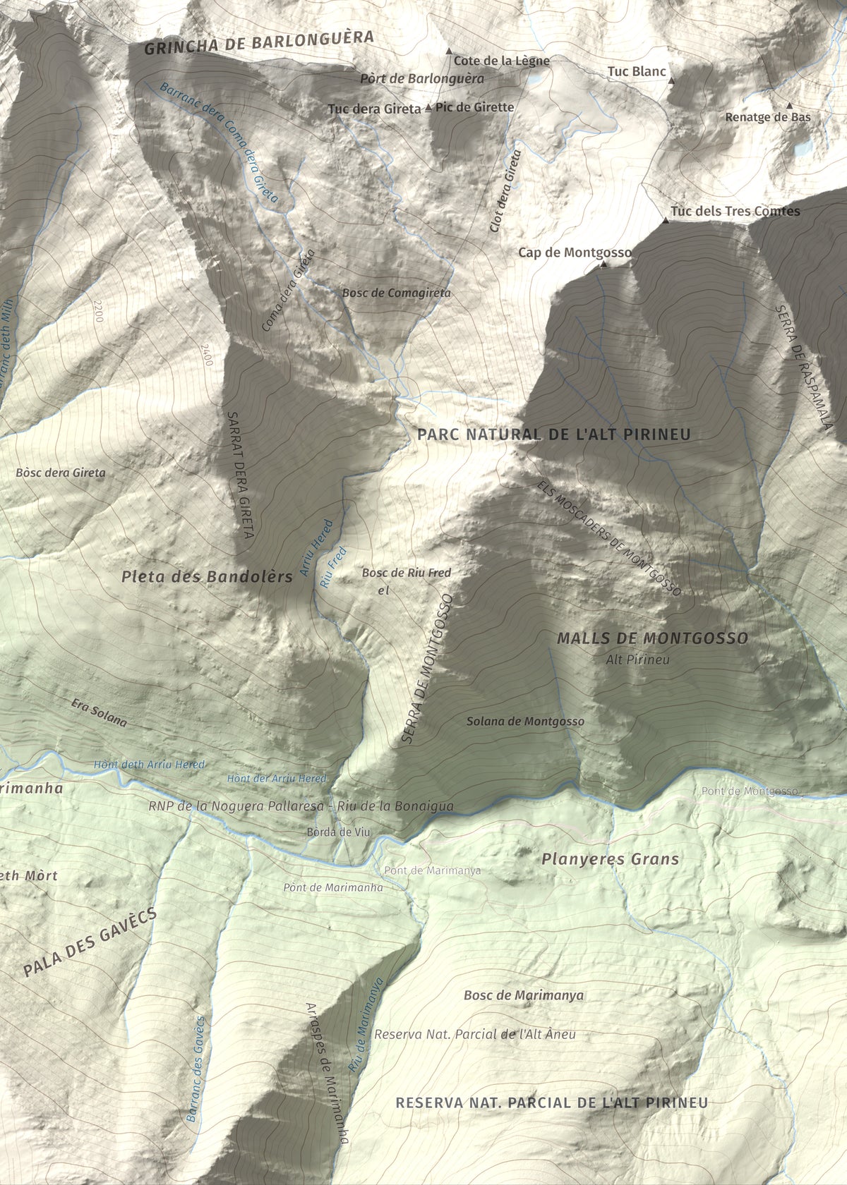 Mapa de relieve de Tuc de Barlonguèra, 2802 m, Val d'Aran, lámina 100 Cims de Trobart. Detalle de la zona inferior derecha. 50 × 70 cm.