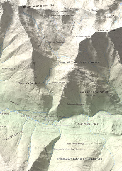 Mapa de relieve de Tuc de Barlonguèra, 2802 m, Val d'Aran, lámina 100 Cims de Trobart. Detalle de la zona inferior derecha. 50 × 70 cm.