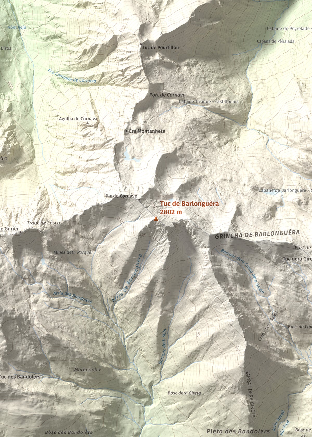 Mapa de relieve de Tuc de Barlonguèra, 2802 m, Val d'Aran, lámina 100 Cims de Trobart. Detalle de la zona central. 50 × 70 cm.