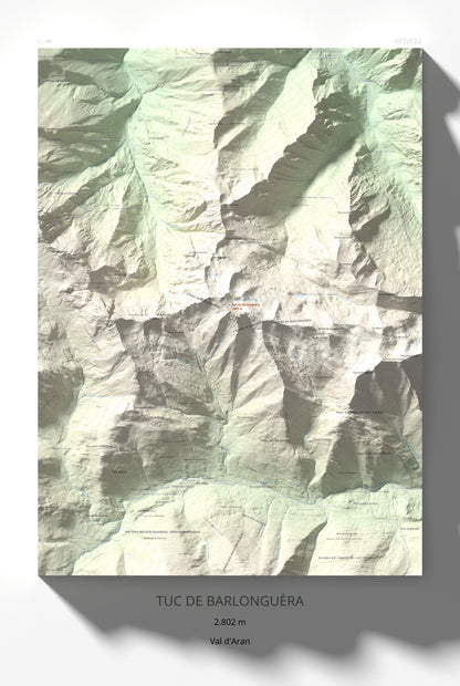 Mapa de relieve de Tuc de Barlonguèra, 2802 m, Val d'Aran, lámina 100 Cims de Trobart 61 × 91 cm.