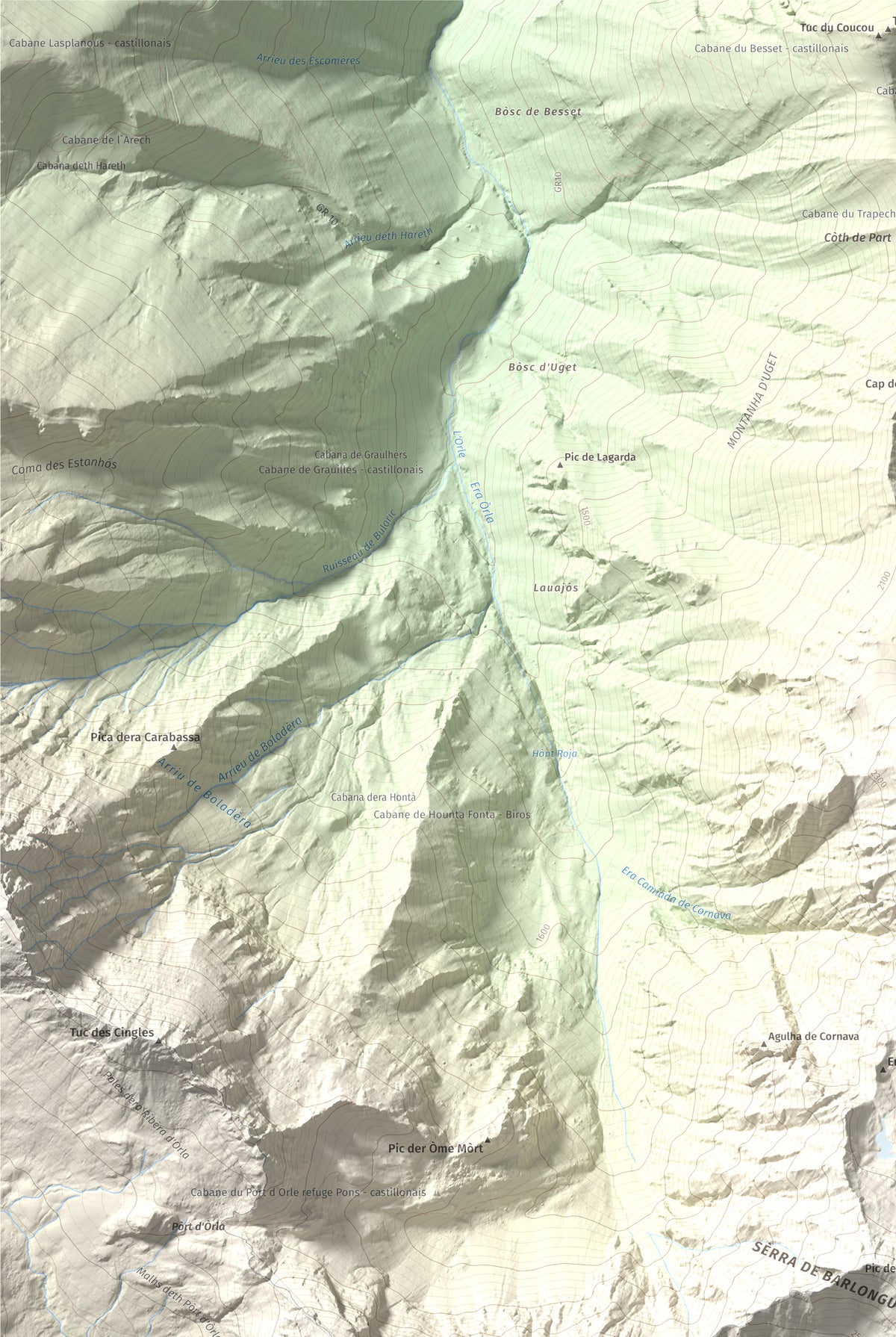 Mapa de relieve de Tuc de Barlonguèra, 2802 m, Val d'Aran, lámina 100 Cims de Trobart. Detalle de la zona superior izquierda. 61 × 91 cm.