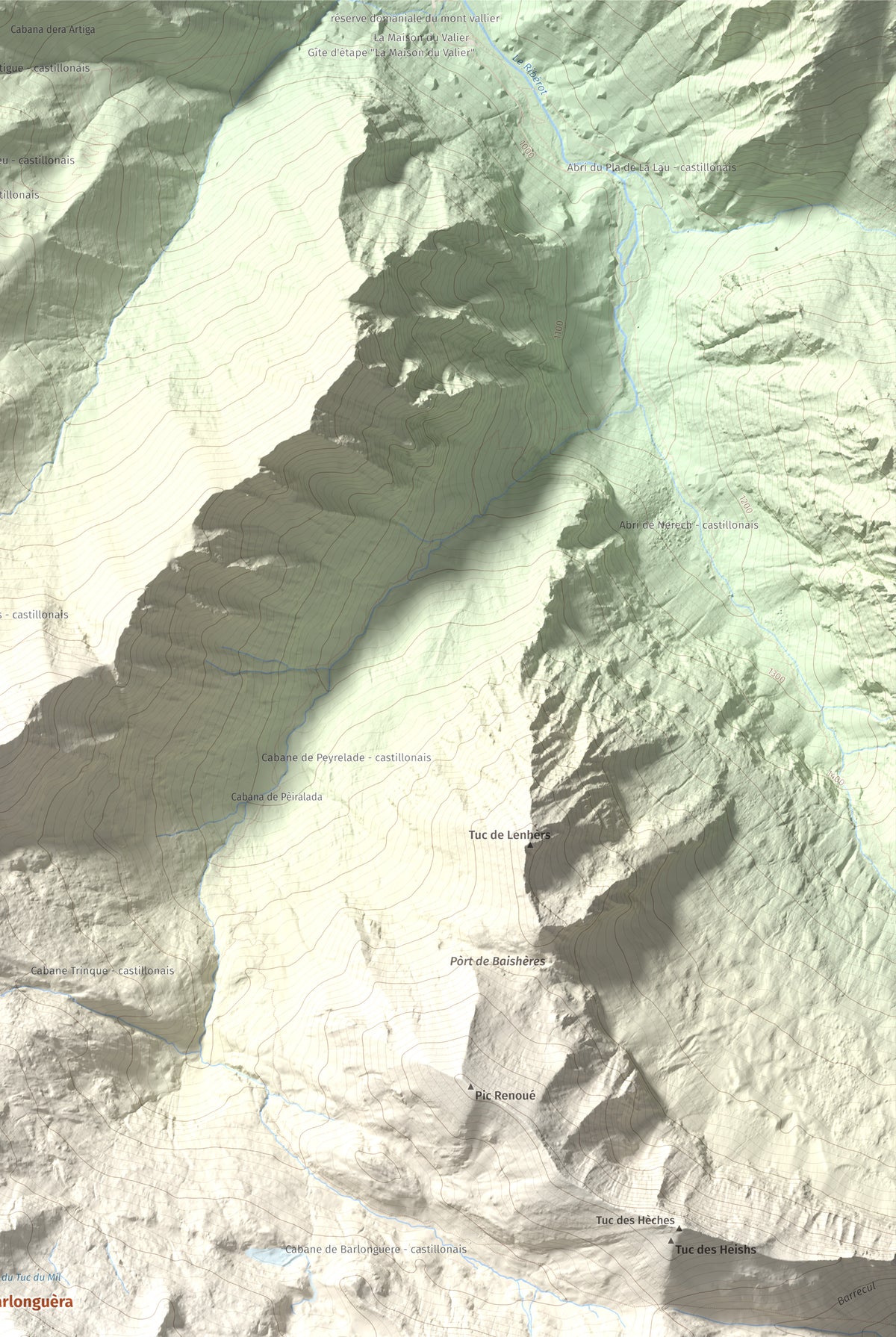 Mapa de relieve de Tuc de Barlonguèra, 2802 m, Val d'Aran, lámina 100 Cims de Trobart. Detalle de la zona superior derecha. 61 × 91 cm.
