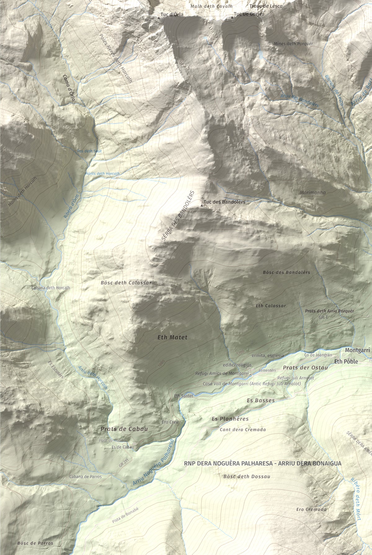 Mapa de relieve de Tuc de Barlonguèra, 2802 m, Val d'Aran, lámina 100 Cims de Trobart. Detalle de la zona inferior izquierda. 61 × 91 cm.