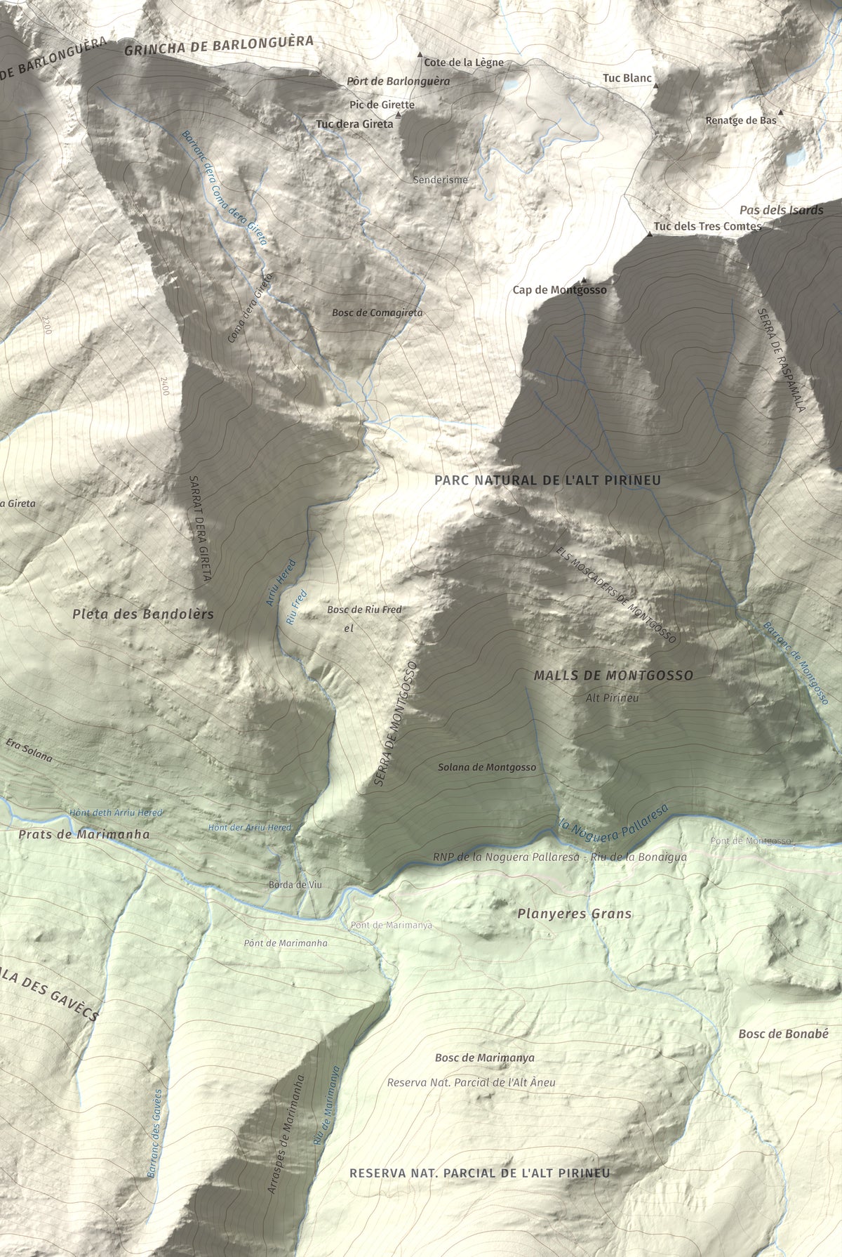 Mapa de relieve de Tuc de Barlonguèra, 2802 m, Val d'Aran, lámina 100 Cims de Trobart. Detalle de la zona inferior derecha. 61 × 91 cm.