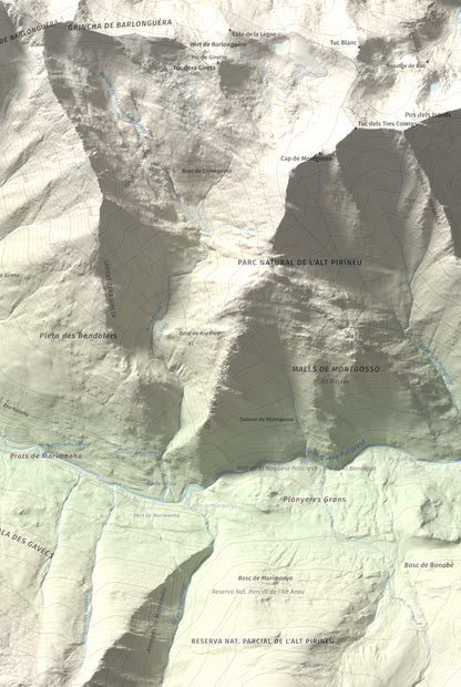 Mapa de relieve de Tuc de Barlonguèra, 2802 m, Val d'Aran, lámina 100 Cims de Trobart. Detalle de la zona inferior derecha. 61 × 91 cm.