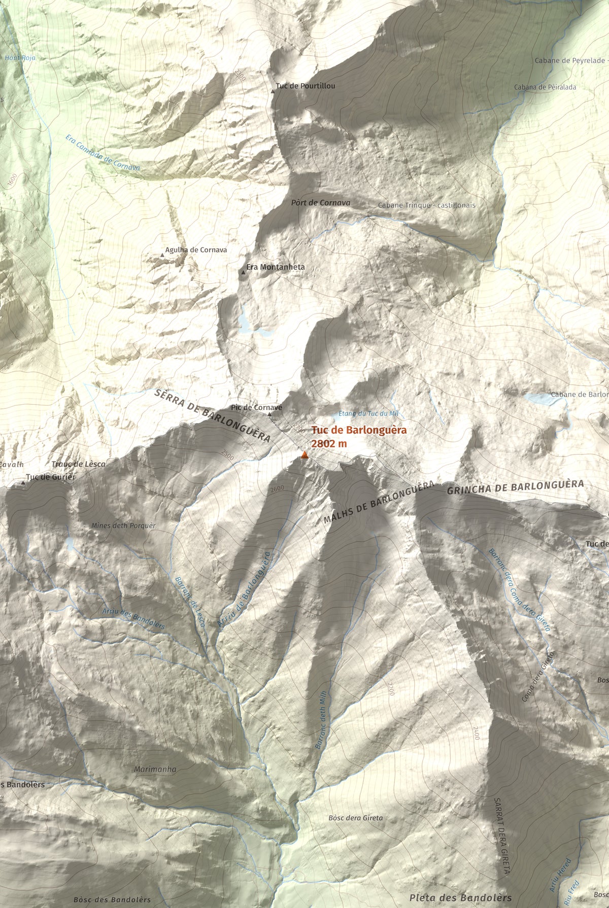 Mapa de relieve de Tuc de Barlonguèra, 2802 m, Val d'Aran, lámina 100 Cims de Trobart. Detalle de la zona central. 61 × 91 cm.