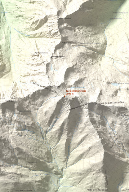 Mapa de relieve de Tuc de Barlonguèra, 2802 m, Val d'Aran, lámina 100 Cims de Trobart. Detalle de la zona central. 61 × 91 cm.