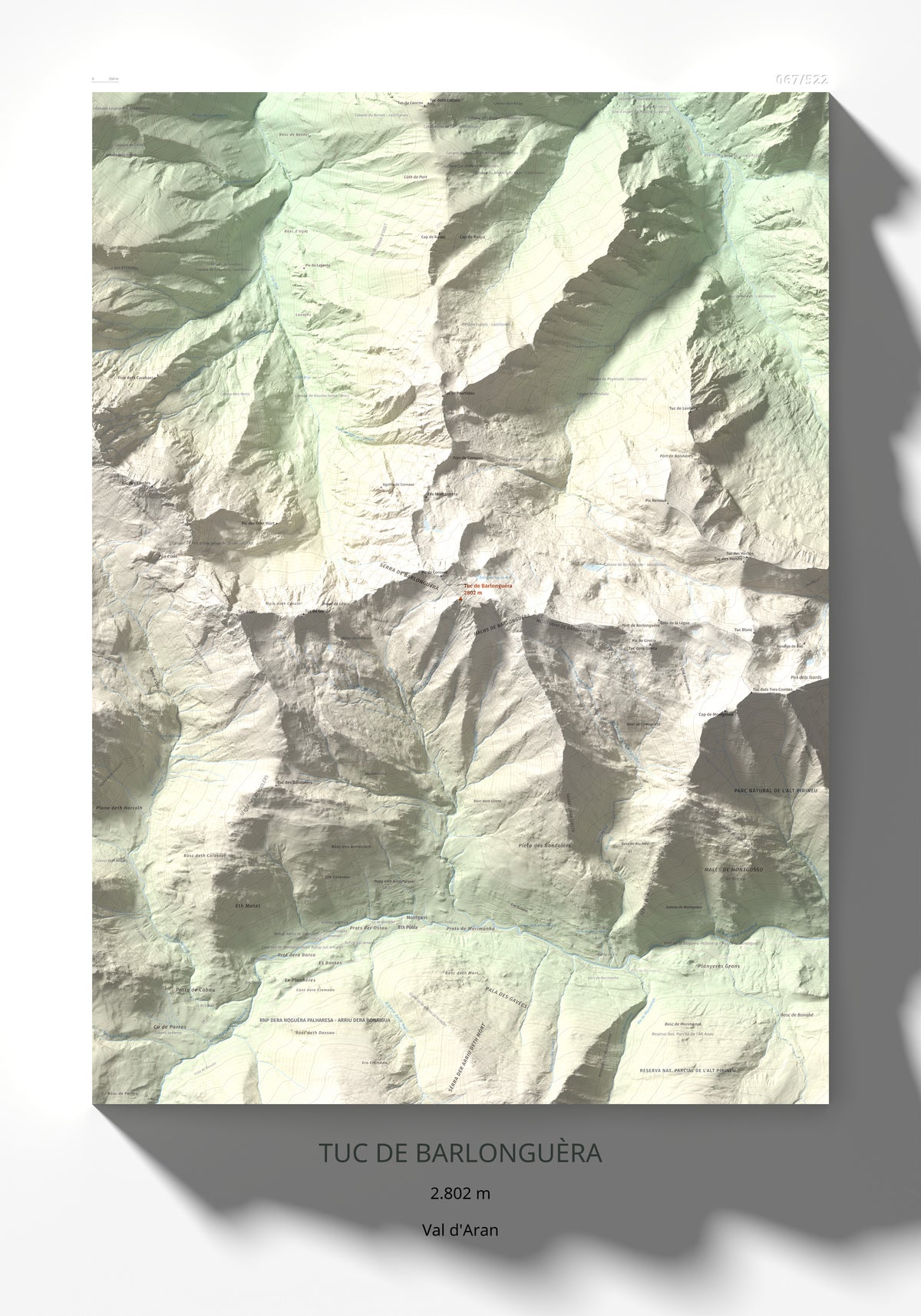 Mapa de relieve de Tuc de Barlonguèra, 2802 m, Val d'Aran, lámina 100 Cims de Trobart 70 × 100 cm.