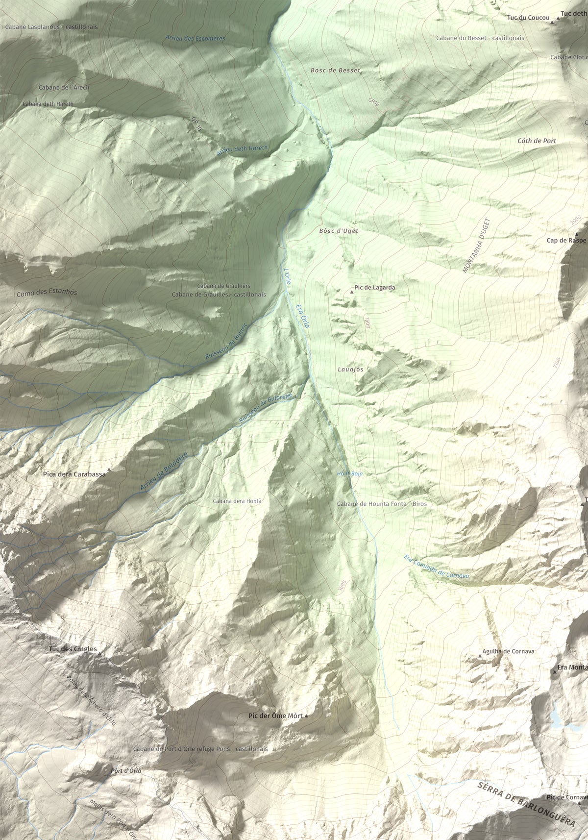 Mapa de relieve de Tuc de Barlonguèra, 2802 m, Val d'Aran, lámina 100 Cims de Trobart. Detalle de la zona superior izquierda. 70 × 100 cm.