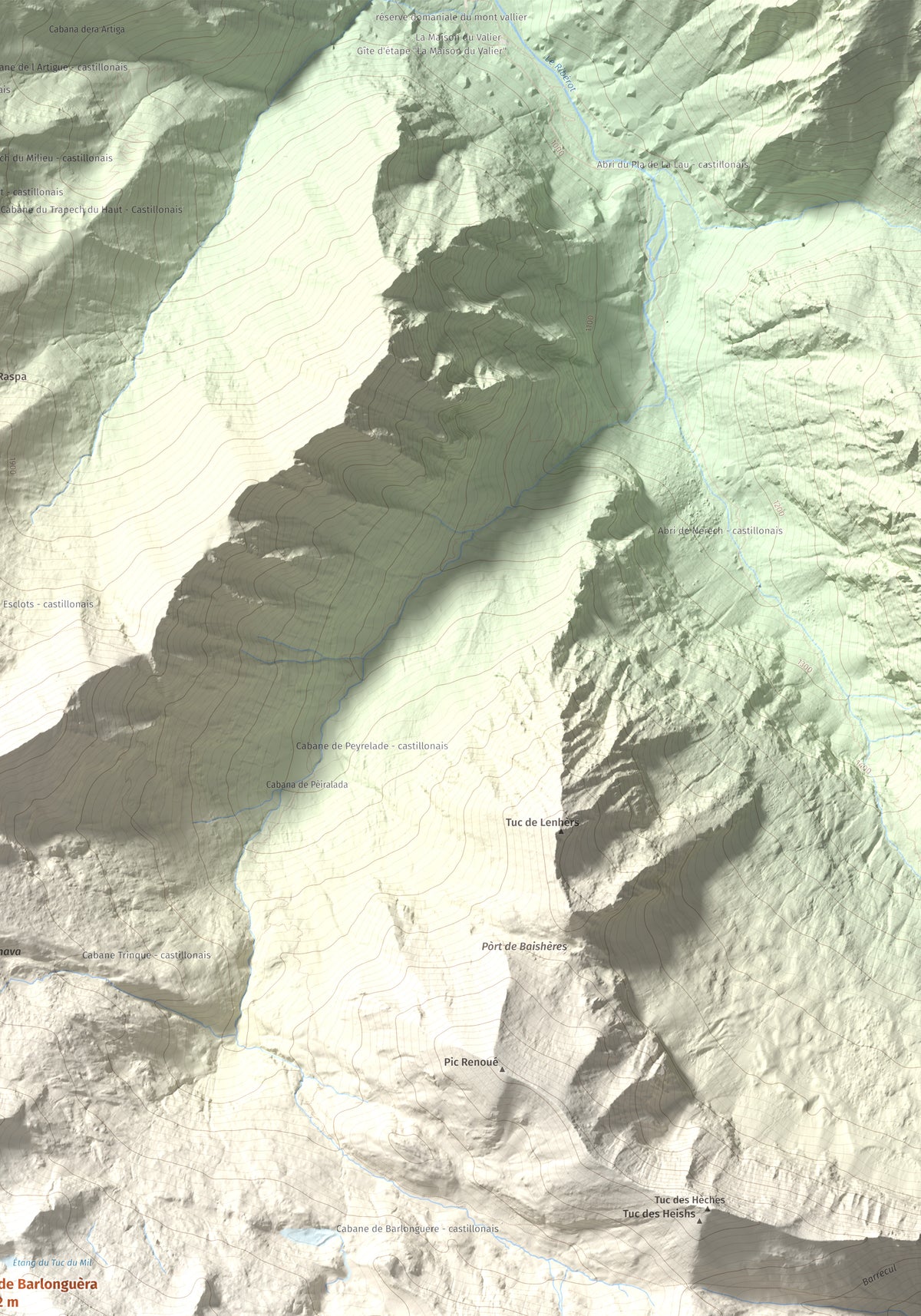 Mapa de relieve de Tuc de Barlonguèra, 2802 m, Val d'Aran, lámina 100 Cims de Trobart. Detalle de la zona superior derecha. 70 × 100 cm.
