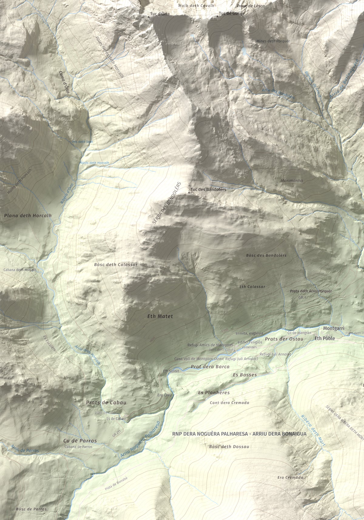Mapa de relieve de Tuc de Barlonguèra, 2802 m, Val d'Aran, lámina 100 Cims de Trobart. Detalle de la zona inferior izquierda. 70 × 100 cm.