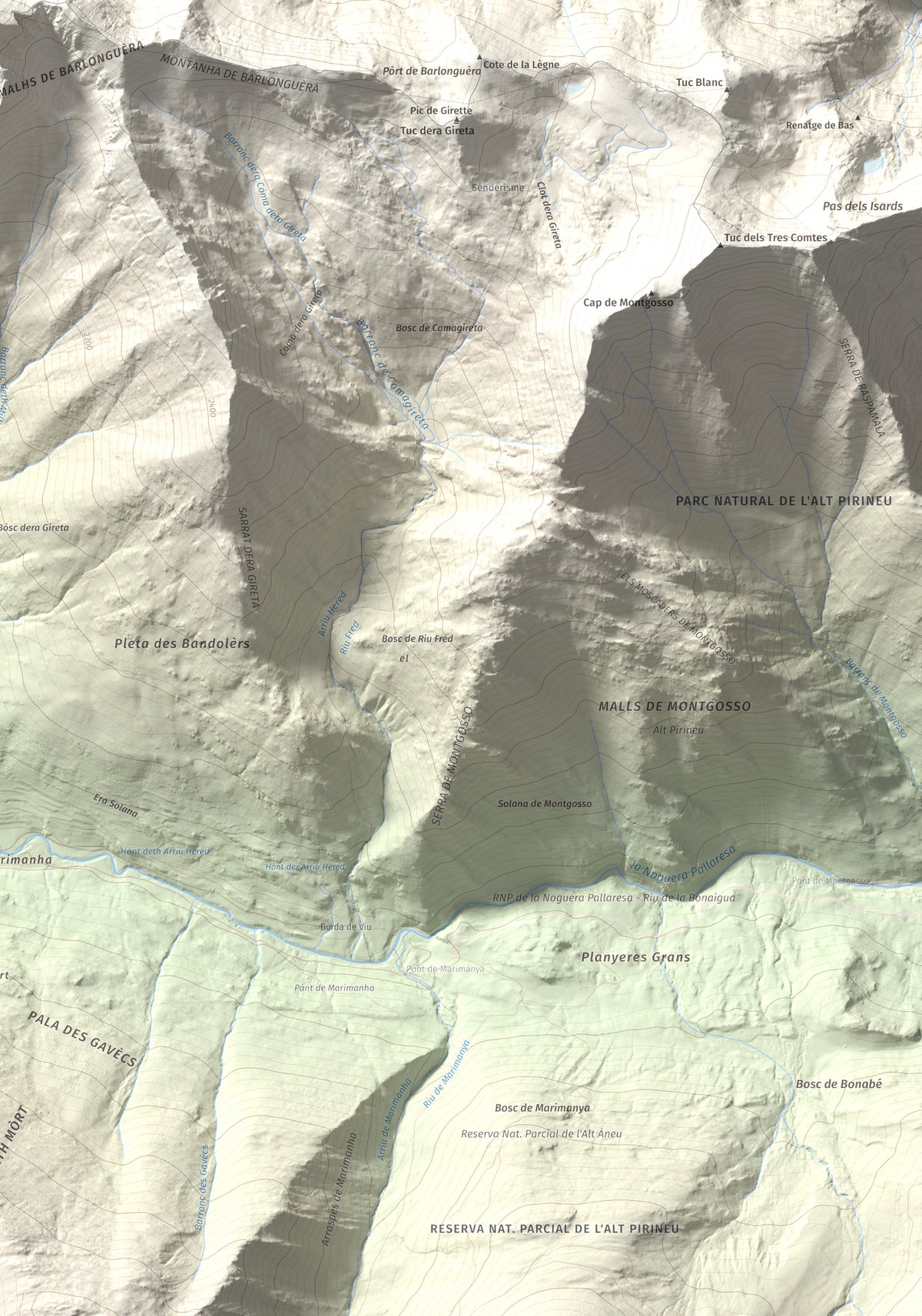 Mapa de relieve de Tuc de Barlonguèra, 2802 m, Val d'Aran, lámina 100 Cims de Trobart. Detalle de la zona inferior derecha. 70 × 100 cm.