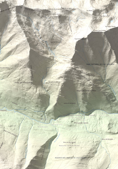 Mapa de relieve de Tuc de Barlonguèra, 2802 m, Val d'Aran, lámina 100 Cims de Trobart. Detalle de la zona inferior derecha. 70 × 100 cm.